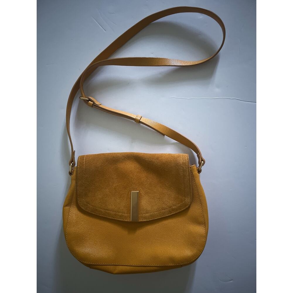 Halston Crossbody Bag Women Medium Yellow Leather Suede Flap Adjustable Strap